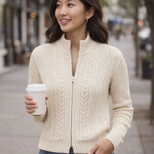 Lands’ End Vintage Cable Knit Zip Cardigan 100% Cotton Made in Japan Petite SZ S